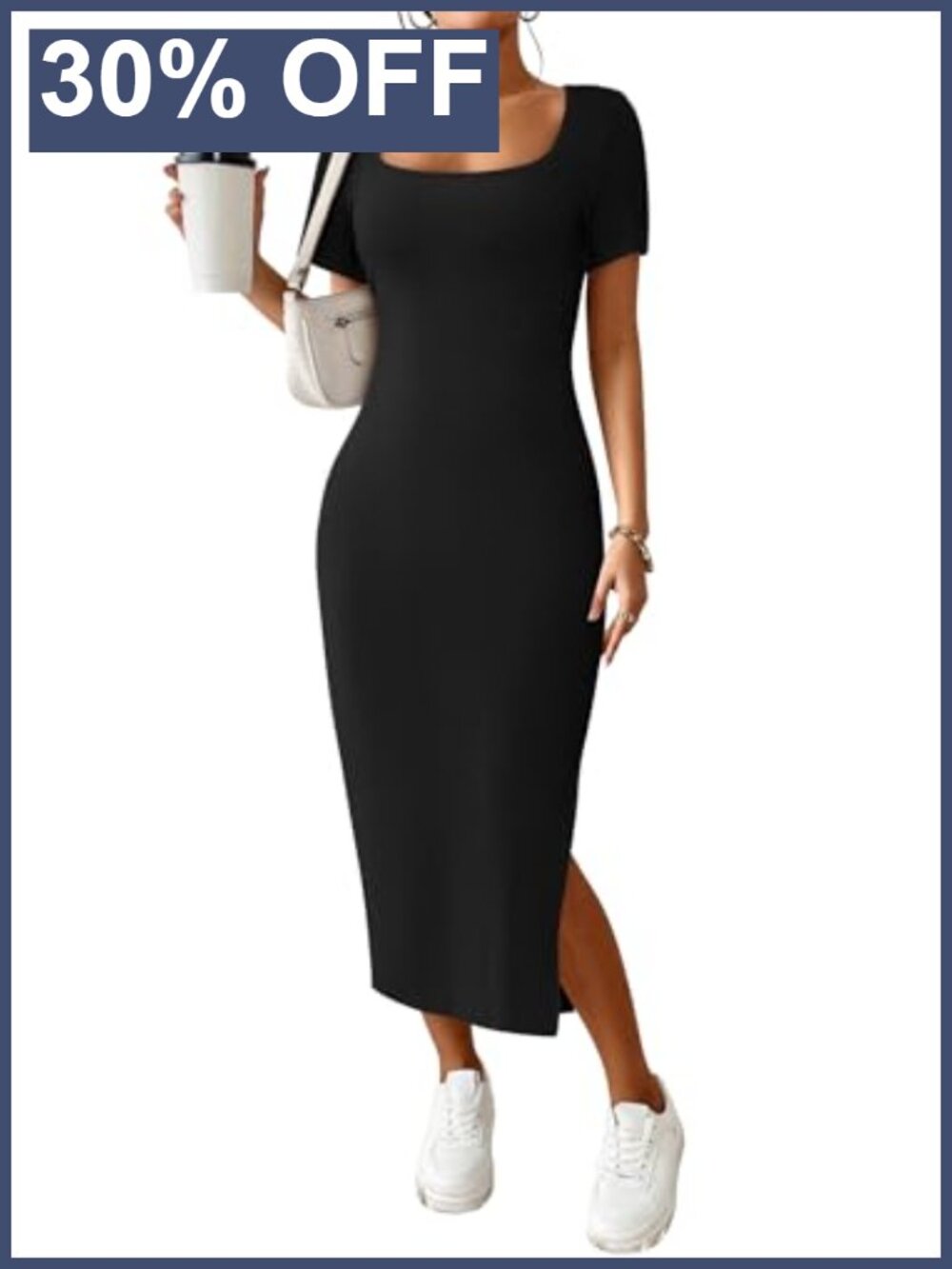 Womens Ribbed Knit Bodycon Maxi Dress Short Sleeve High Slit Casual